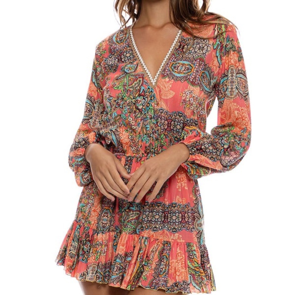 Luli Fama Paisley Long Sleeve Dress - Coral and Blue